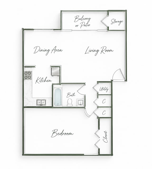 A floor plan of a house with a balcony, dining area, living room, kitchen, bathroom, and bedroom.