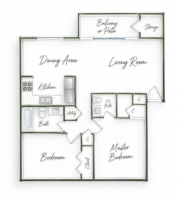 A floor plan of a house with a master bedroom, two bedrooms, a living room, a dining area, a kitchen, a bathroom, and storage.