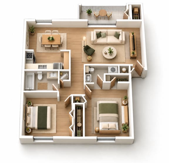 A top-down view of a house layout with multiple rooms and furniture.