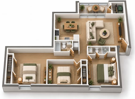 A 3D floor plan of a house with multiple rooms and furniture.