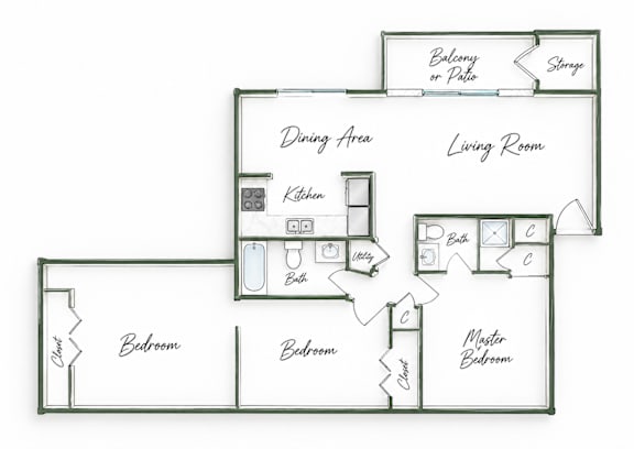 A floor plan of a house with a living room, dining area, two bedrooms, a kitchen, and a storage area.