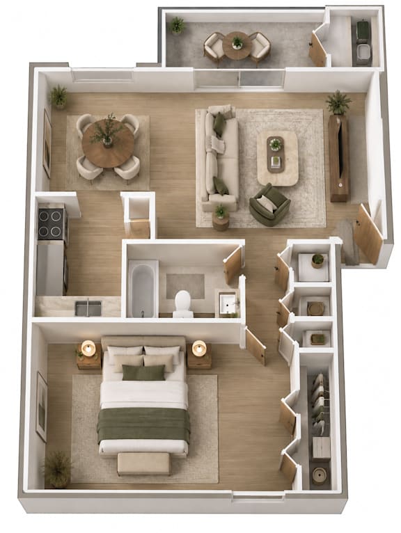 A top-down view of a well-organized apartment with a bedroom, living room, and kitchen.