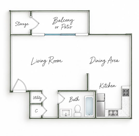 A floor plan of a house with a living room, dining area, kitchen, bath, and storage.