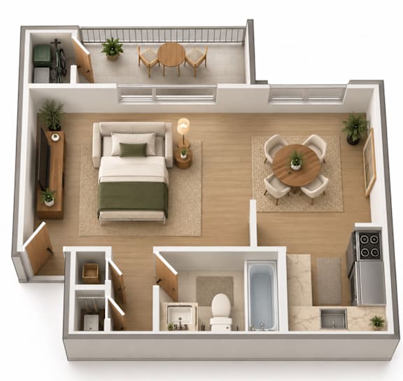 A top-down view of a well-furnished apartment.