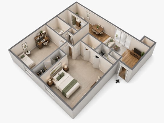 A 3D model of a house with a kitchen, living room, and bedrooms.