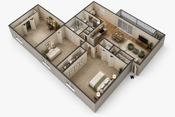 A 3D floor plan of a two-story house with a balcony on the second floor.
