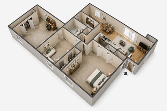 A 3D rendered image of a house layout.