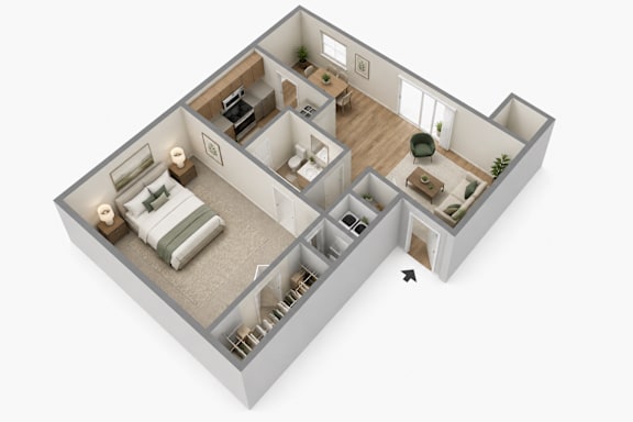 A 3D rendered image of a house layout.