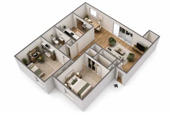 A 3D floor plan of a house with a kitchen, living room, and two bedrooms.