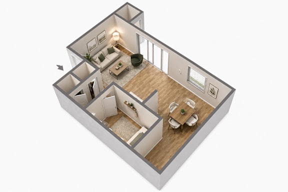 A 3D floor plan of a house with two bedrooms, a living room, a kitchen, and a bathroom.