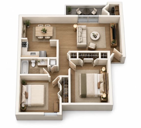 A detailed 3D floor plan of a modern apartment.
