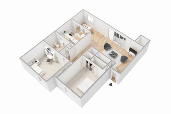 A 3D floor plan of a house with a kitchen, living room, and two bedrooms.