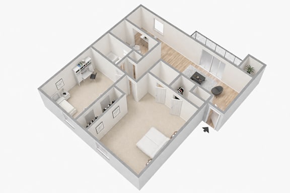 A 3D image of a house layout with a kitchen, living room, and bathroom.