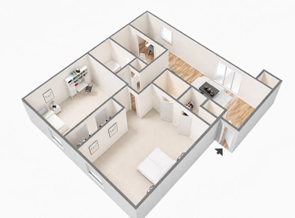 A 3D floor plan of a house with a kitchen, living room, and two bedrooms.