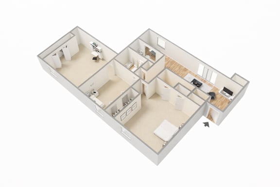 A 3D floor plan of a house with two bedrooms, a living room, a kitchen, and a bathroom.