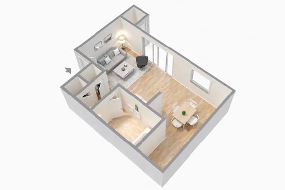 A 3D image of a house layout with a kitchen, living room, and two bedrooms.