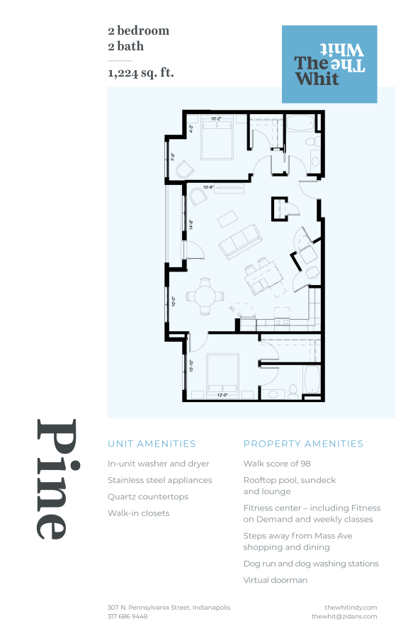 Luxury 2 Bed 2 Bath, 1,224 sqft, 2D Floorplan at The Whit in Indianapolis, IN 46204