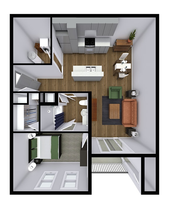 1  Bed   1  Bath   784 Sq. Ft. Portico Floor Plan at The Village at Sandstone Apartments, Greenwood, 46142