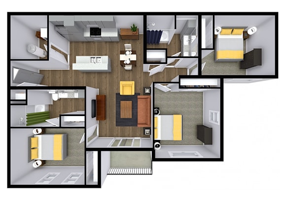 3  Bed   2  Bath   1,289 Sq. Ft. Gable Floor Plan at The Village at Sandstone Apartments, Indiana, 46142