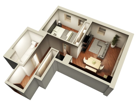 Floor Plan  1 Bed 1 Bath 743 sq. ft. 3D Floorplan at Somerset Place Apartments, Chicago, IL 60640
