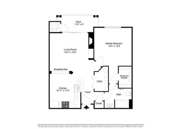 1 Bedroom 1 Bathroom, 825 sqft, The Creekside 2D floorplan at Creekside at Meadowbrook Apartments in Lowell, IN 46356