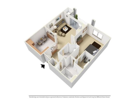 1 Bedroom 1 Bathroom 825 Sq. Ft. The Creekside Floor Plan at Creekside at Meadowbrook Apartments, Lowell