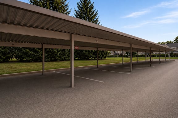 A long row of parking bays under a roof.