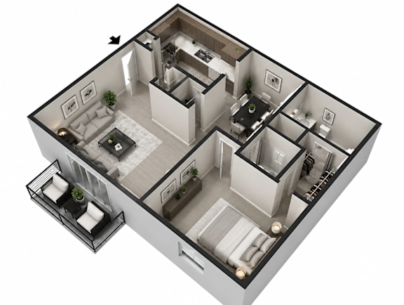 A 3D floor plan of a house with a living room, kitchen, and two bedrooms.