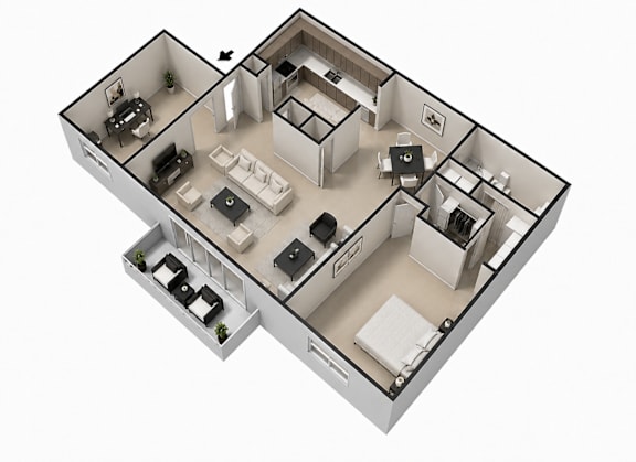 A 3D floor plan of a house with a kitchen, living room, and two bedrooms.