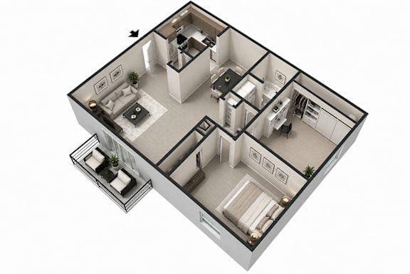 A 3D floor plan of a house with a kitchen, living room, and bathroom.