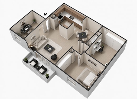 A 3D floor plan of a house with a kitchen, living room, and bathroom.