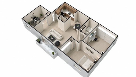 A 3D floor plan of a house with a kitchen, living room, and two bedrooms.