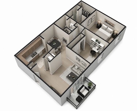 A 3D floor plan of a house with a kitchen, living room, and two bedrooms.