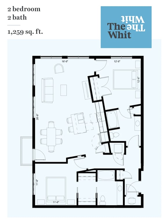 A floor plan for a 2 bedroom, 2 bath apartment at The Old Whit.