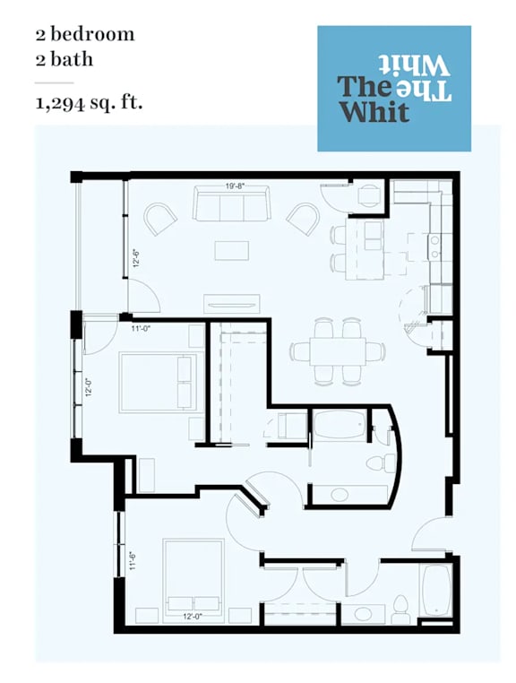 A floor plan of a 2 bedroom 2 bath apartment that is 1,294 square feet.