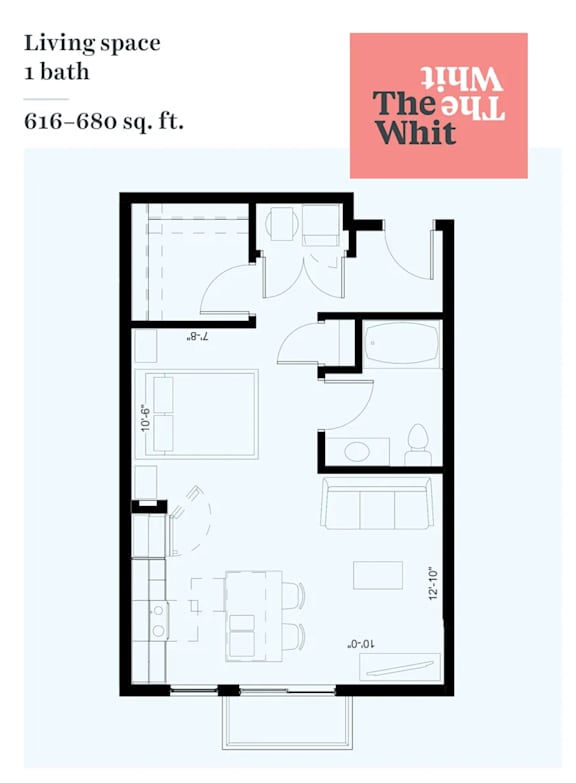A floor plan of a one-bedroom apartment at The Old Whit.