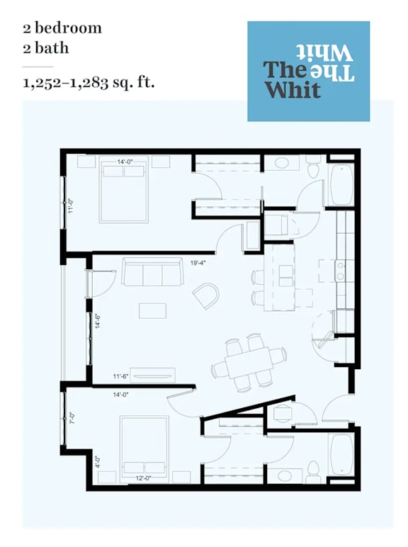 A floor plan of a 2 bedroom, 2 bath apartment sized 1,252-1,283 sq.ft.