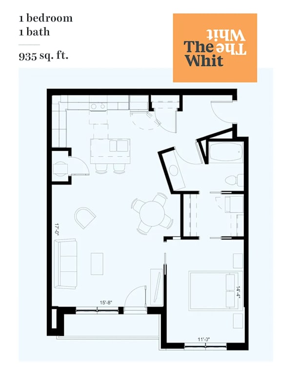 A floor plan of a 1 bedroom 1 bath apartment at The Quail.