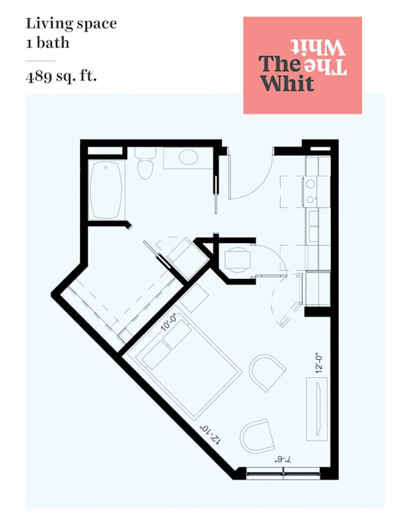 A floor plan of a living space with one bath and 489 square feet.