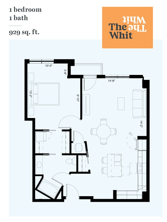 A floor plan of a one bedroom, one bath apartment.