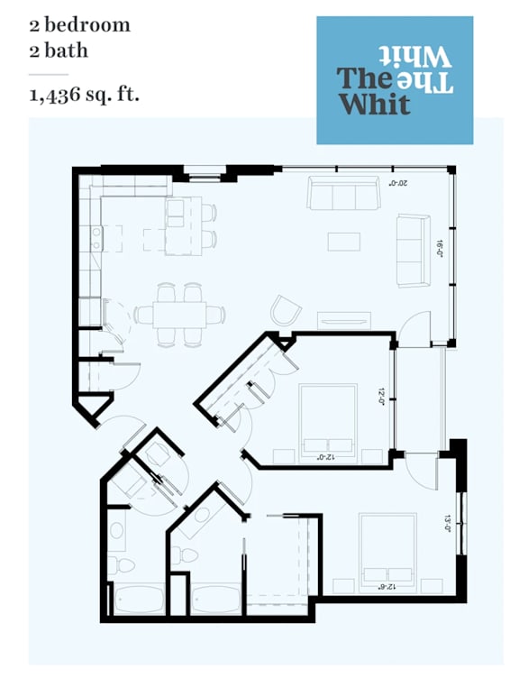 A floor plan for a 1,436 sq. ft. home with two bedrooms and two baths.