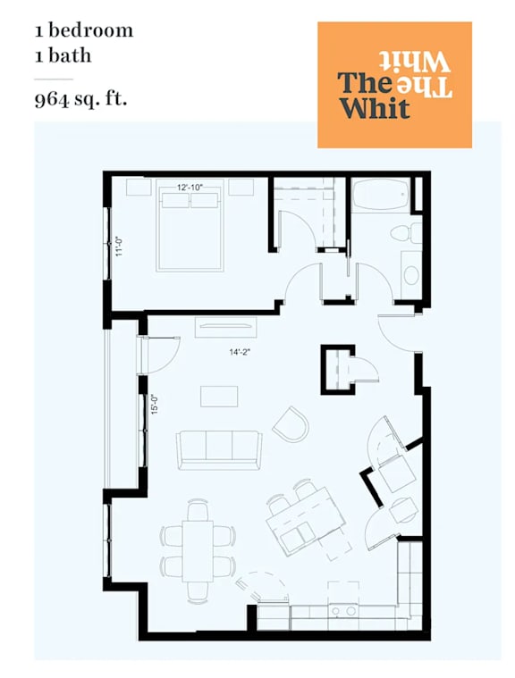 A floor plan of a one bedroom, one bath apartment at The Ewl Whit.