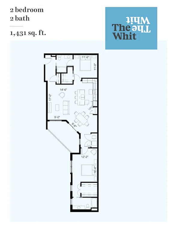 Floor plan of a 2 bedroom, 2 bath apartment.