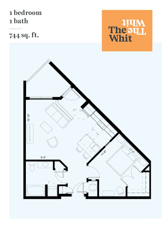 A floor plan of a one bedroom, one bath apartment.