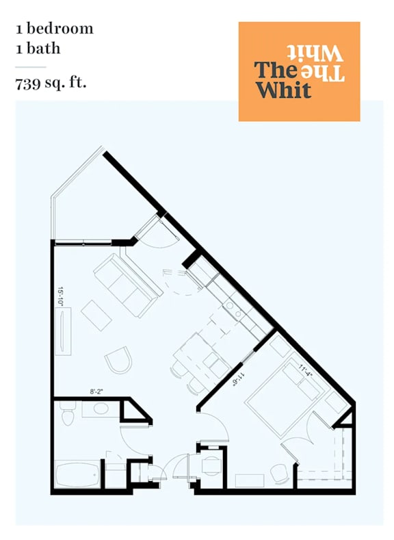 A floor plan of a one bedroom, one bath apartment at The Apartment.