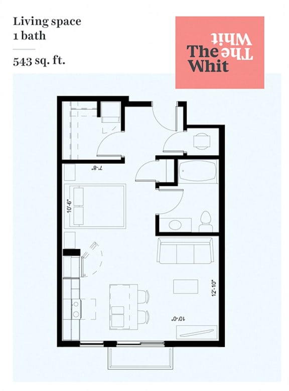 A floor plan of a living space with one bath and a total area of 543 sq. ft.