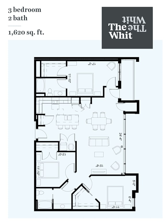 A floor plan for a 3 bedroom, 2 bath home by The Old Whit.