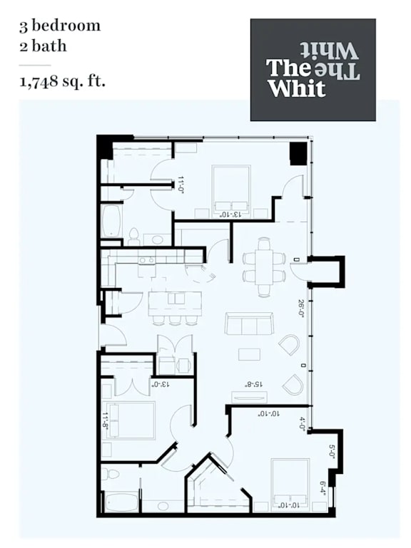 A floor plan for a 3 bedroom, 2 bath home that is 1,748 square feet.