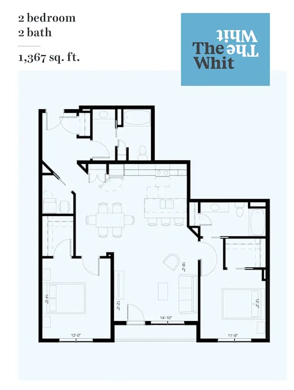A floor plan for a 2 bedroom, 2 bath apartment sized at 1,367 sq. ft.