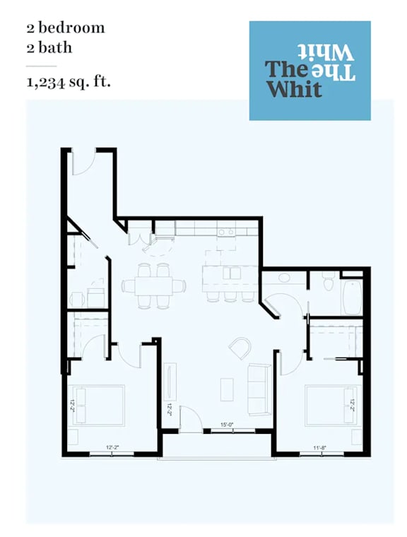 A floor plan of a 2 bedroom, 2 bath apartment sized 1,234 sq.ft.